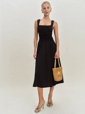 NWOT Reformation Willa Black Knit Ruched Bodice Sleeveless Midi Dress Size Small